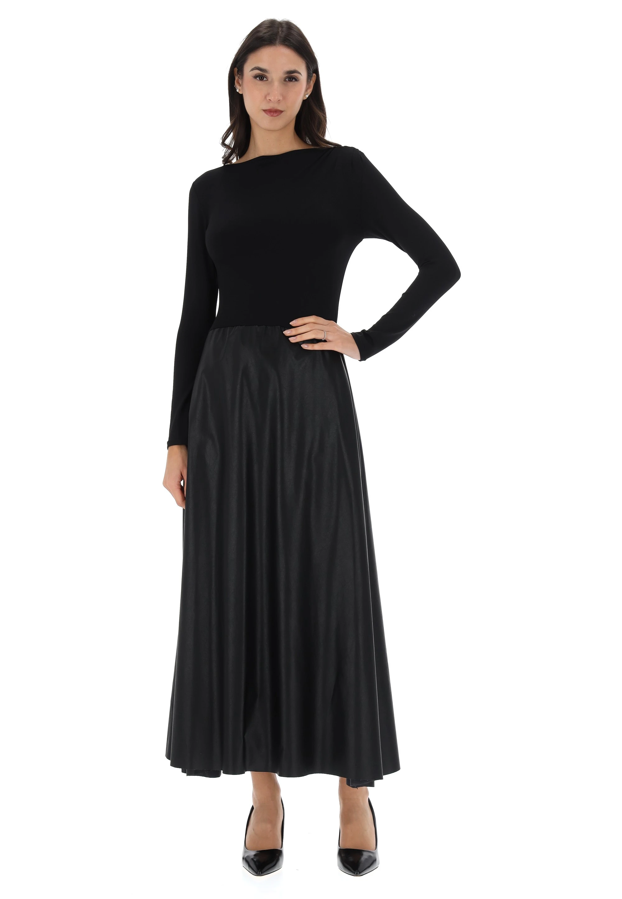 Abito lungo con gonna in similpelle èks donna