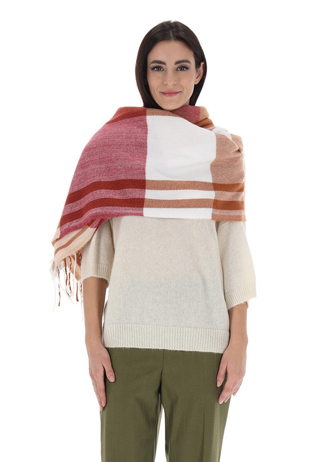 MOLLY BRACKEN sciarpa donna quadri celeste con frange B270CH