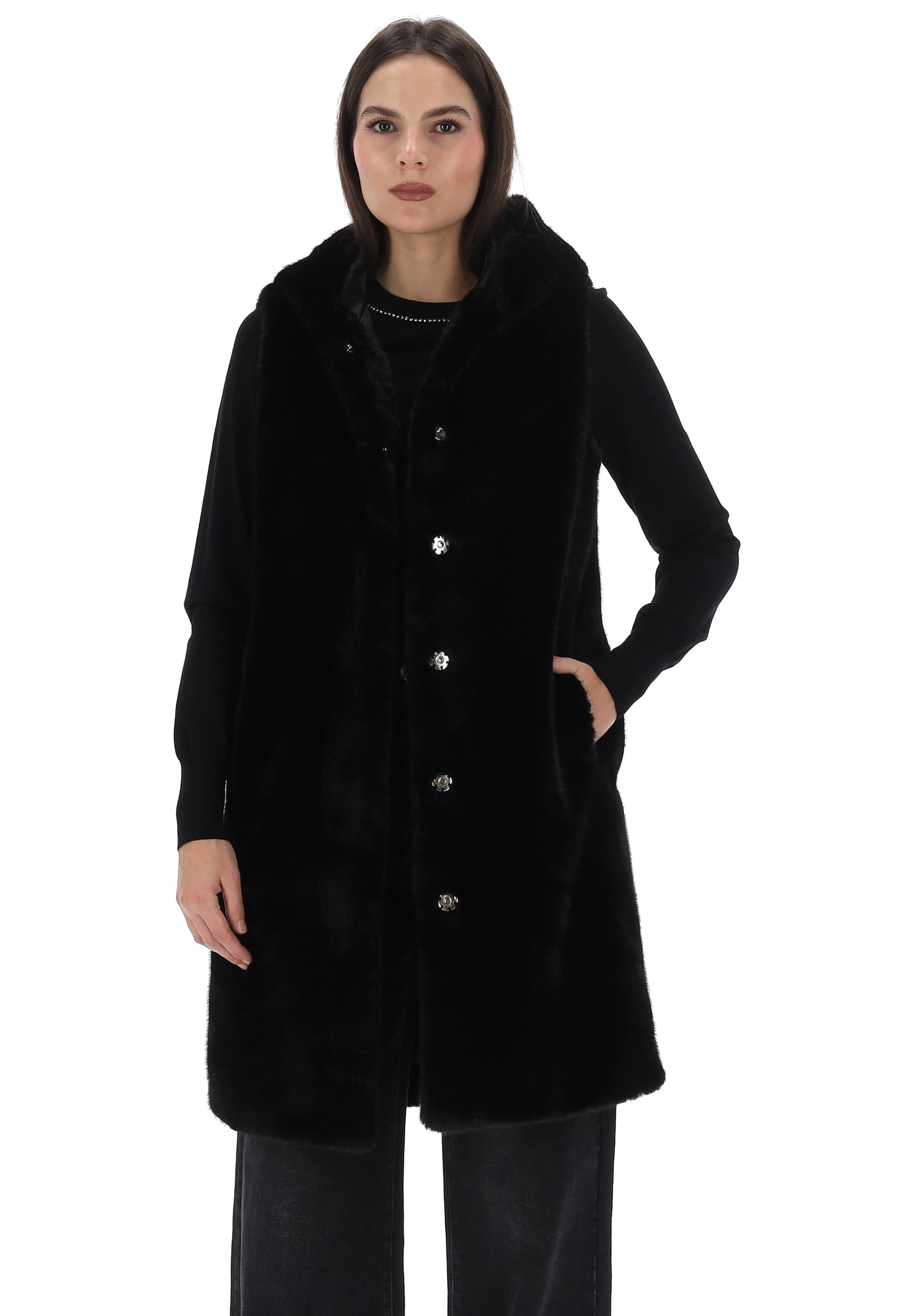 Gilet lungo da donna in pelliccia sintetica senza maniche con
