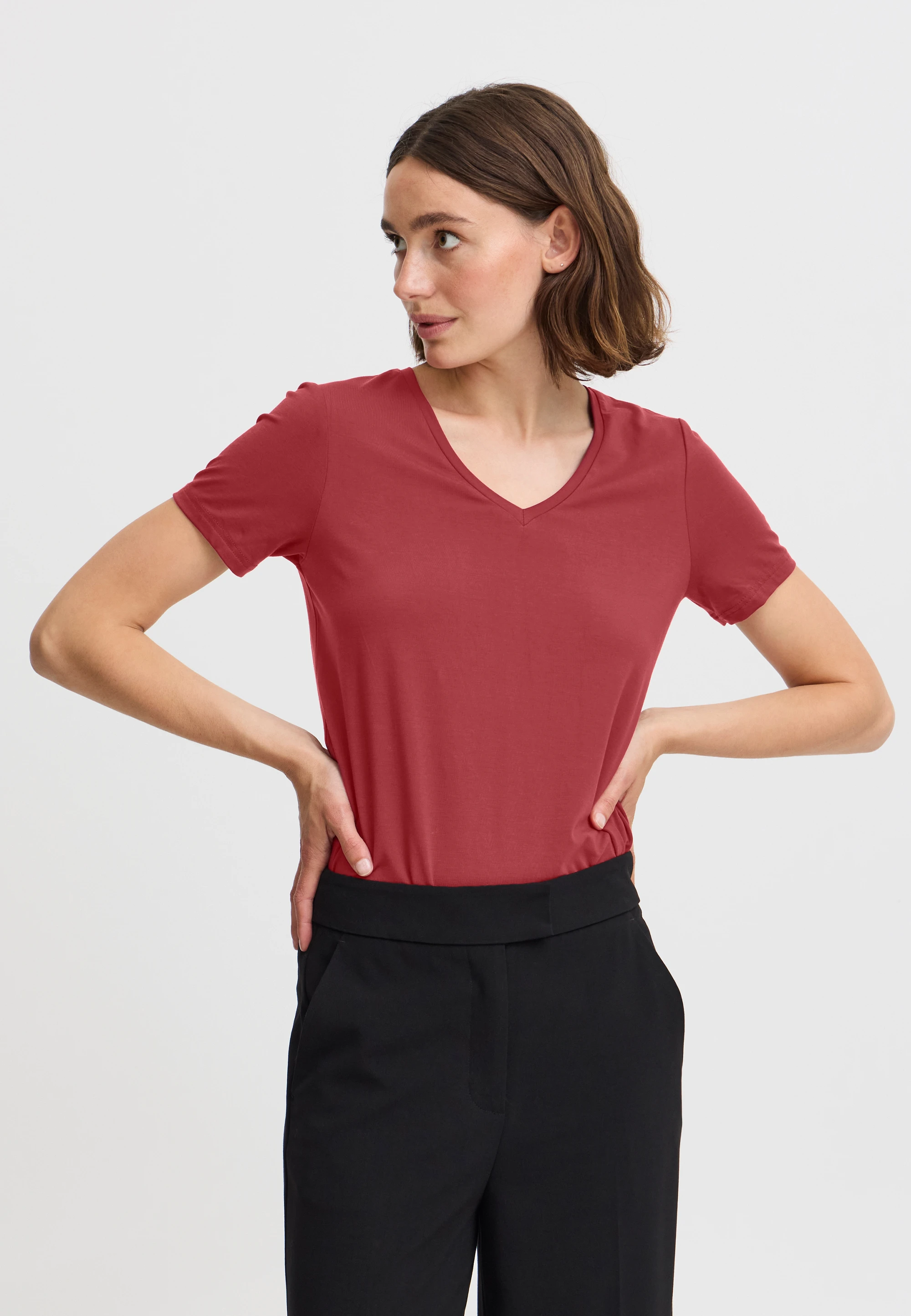 Maglietta Donna Sherosa Con Scollo A V – Maniche Corte – Colore Rosso – Morbida E Tinta Unita – Taglia S