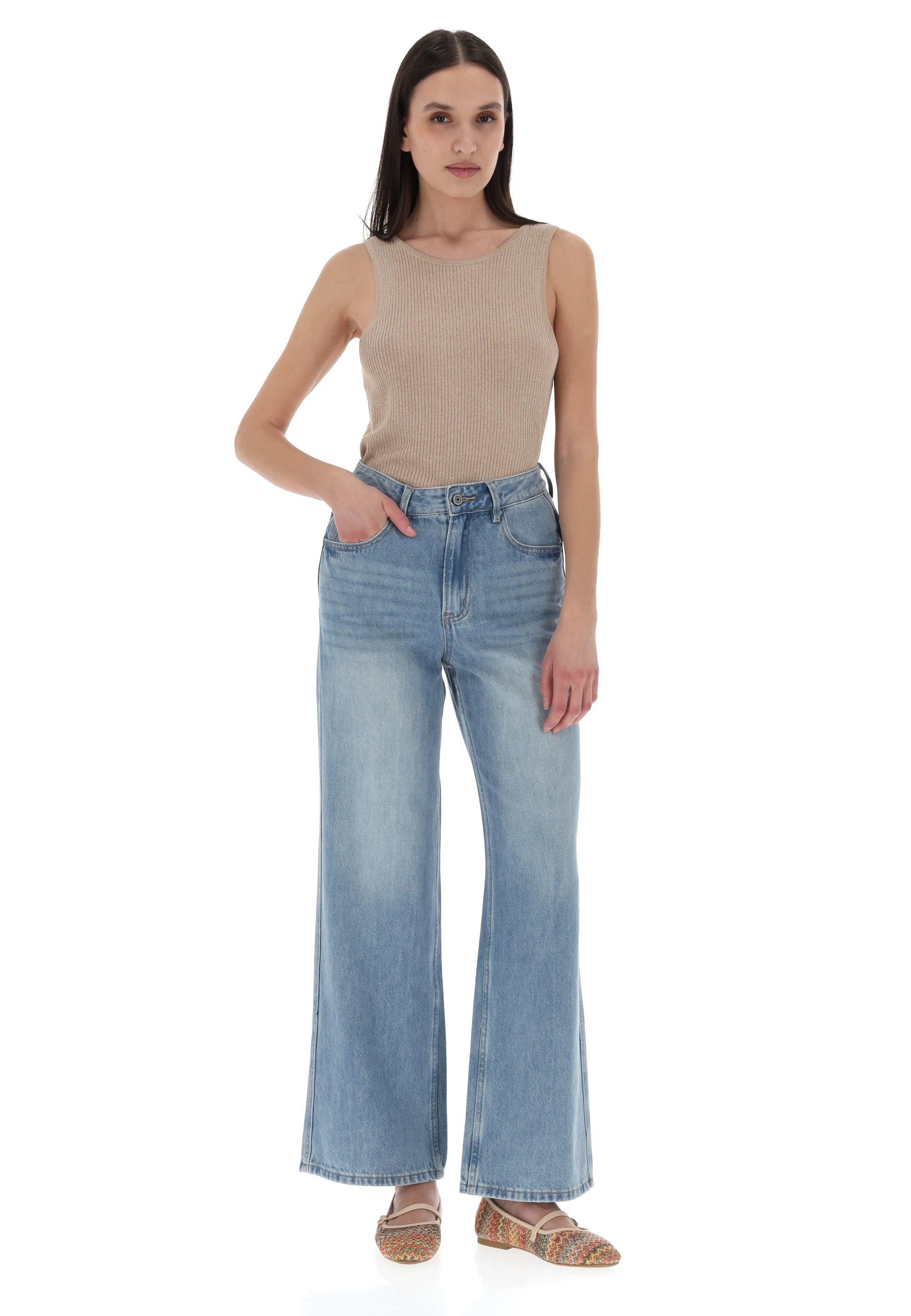 Nina Carter Jeans Donna Vita Alta Modello Largo Baggy - Denim Elasticizzato, Colore Blu Medio, Stile Vintage Comodo
